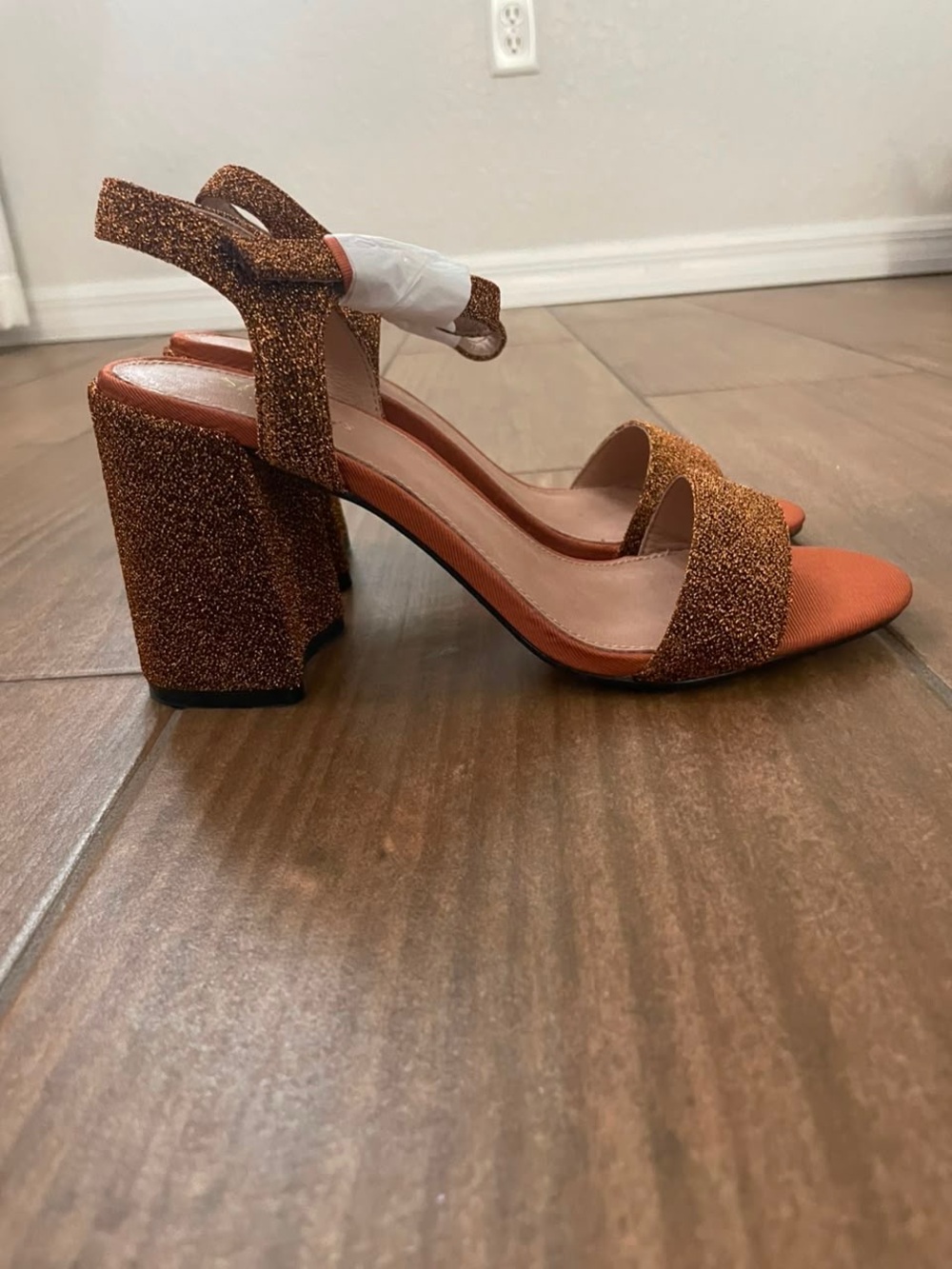 Shellys London Gale Copper Glitter Block Heel Sandals with Burnt Orange Toe